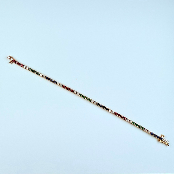Estate 14K 1.25 TCW Diamond & 2.55 TCW Ruby Emerald Sapphire 3mm Tennis Bracelet - Picture 3 of 13
